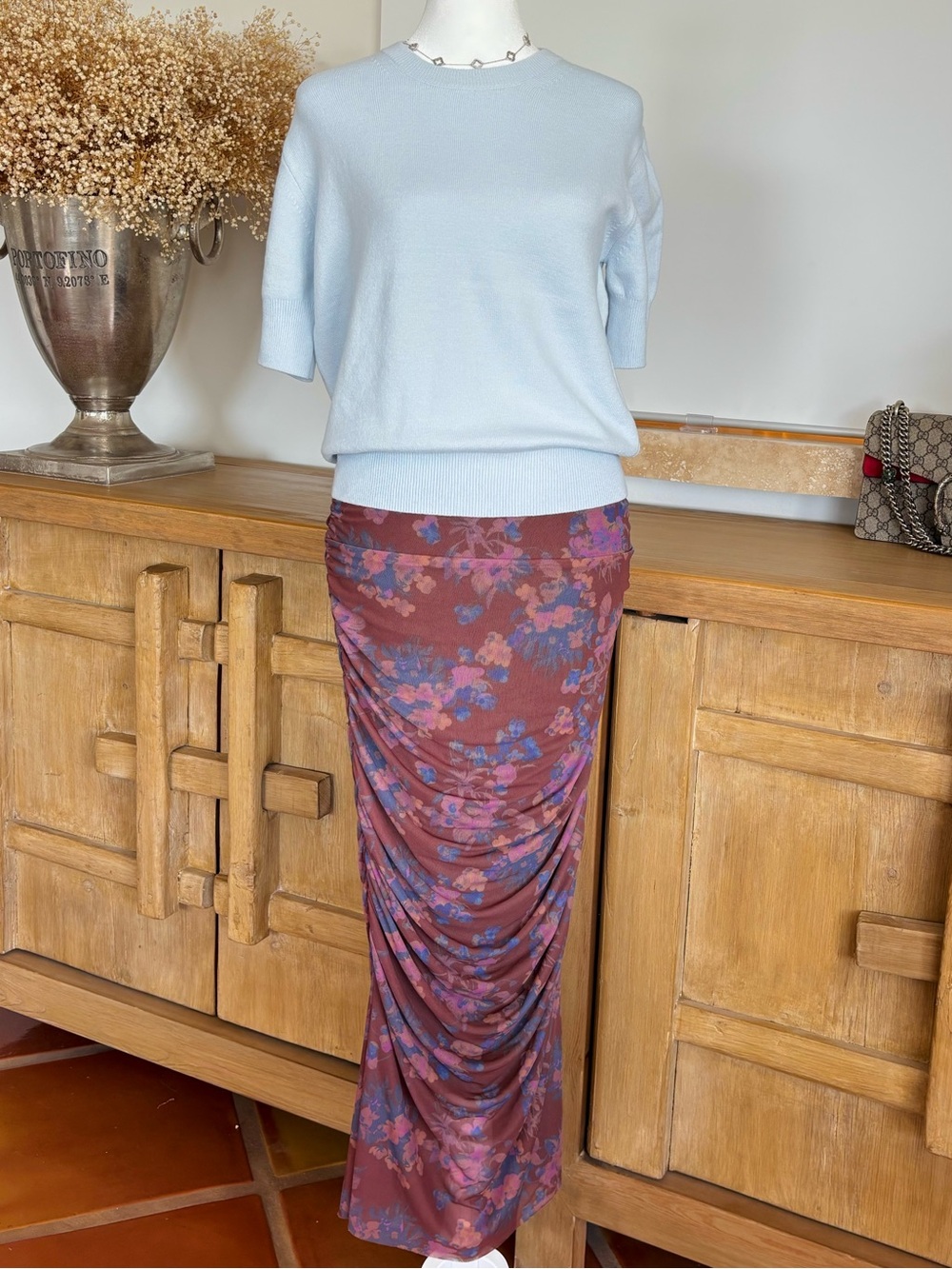 Anthropologie Floral Ruched Mesh Midi Skirt Brown Purple M Autumn Y2K Party Chic - Picture 7 of 13